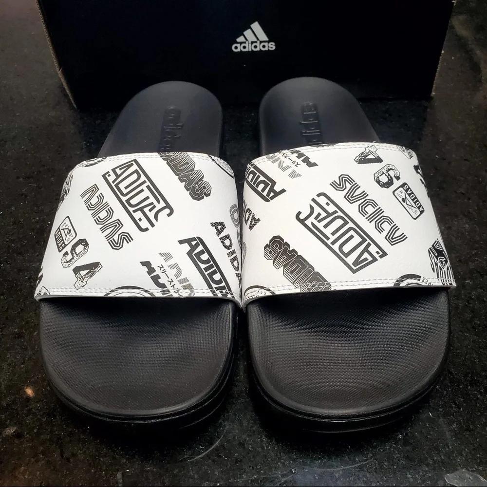 Sz 8 adidas slides white & black